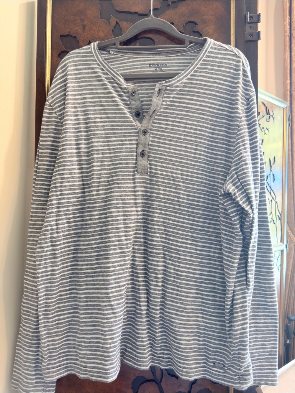 Express Gray and White Striped Long-Sleeve Henley